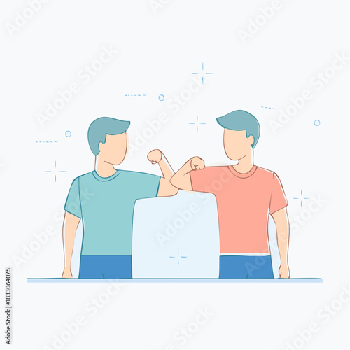 Two Men Elbow Bumping In A Friendly Greeting Gesture With Light Blue Background And Minimalist Style