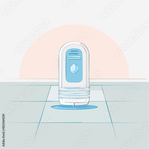 Minimalist Illustration of a Hand Sanitizer Bottle with a Water Droplet Icon on a Tiled Floor with a Soft Orange Sunburst in the Background