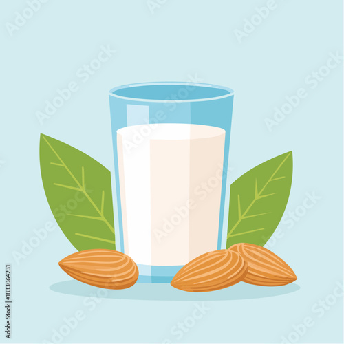 Glass of Almond Milk with Whole Almonds and Green Leaves on a Light Blue Background