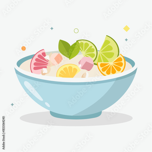 Refreshing Fruit Bowl with Citrus Slices and Creamy Base on White Background