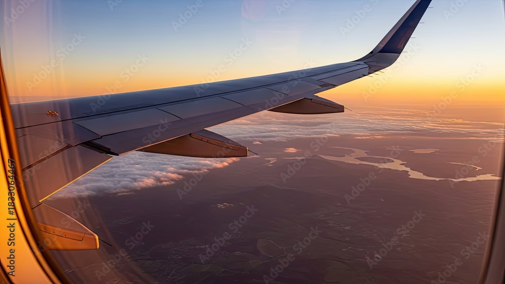 Naklejka premium Airplane wing view from window during beautiful sunset or sunrise with clouds and land below
