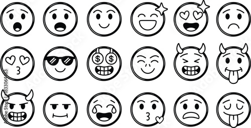 Collection of black and white emoji faces with various expressions