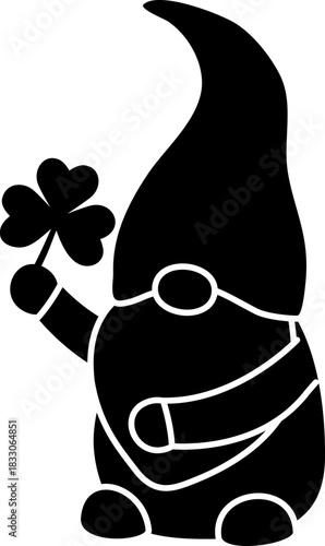 Cute St. Patrick's Day gnome with shamrock black silhouette isolated.
Transparent background.