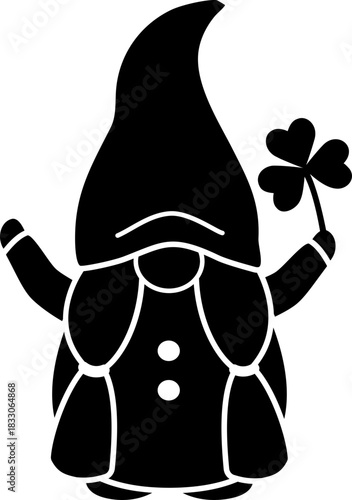 Cute St. Patrick's Day gnome with shamrock black silhouette isolated.
Transparent background.