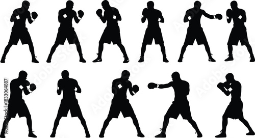 Ten black silhouette boxers in various fighting stances on white background boxing
