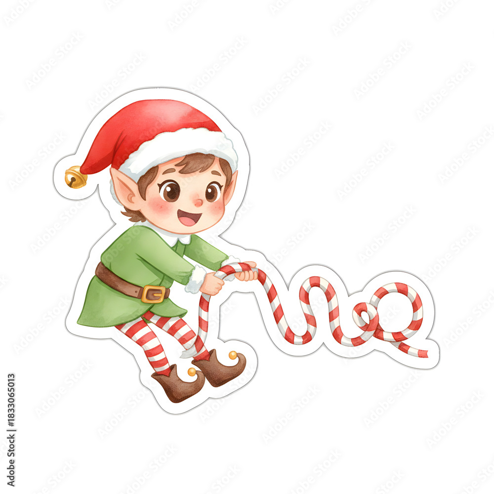 Obraz premium Elf Pulling Candy Ribbon — Holiday Watercolor Sticker