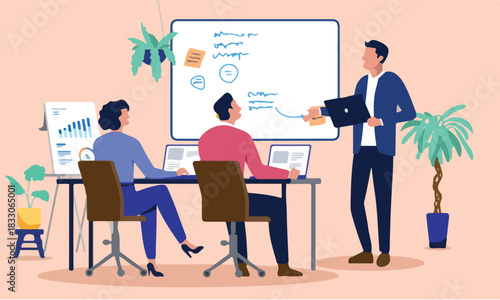 Business people having an office meeting, with a presenter standing by a whiteboard and colleagues working on laptops, engaging in a training session or strategic discussion. Flat design illustration
