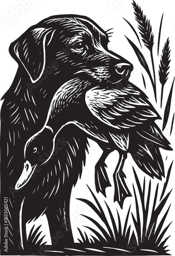 Dog carrying duck beside tall grass near calm marshland.