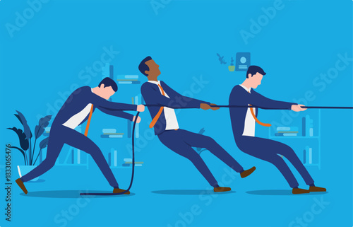 Business people making an effort - Vector illustration of team of businessmen pulling rope. Strength and persistence concept.