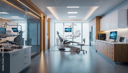 Modern Dentist Clinic Interior Design Dental Office with Equipment, Chairs, and Windows, Bright and Clean Space for Oral Healthcare.