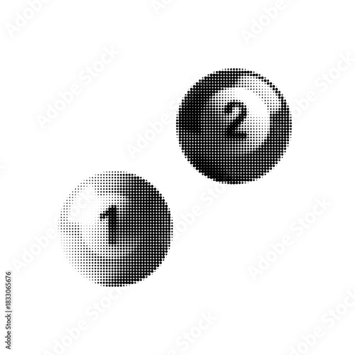 Halftone illustration of billiard balls number one and two isolated on white background.