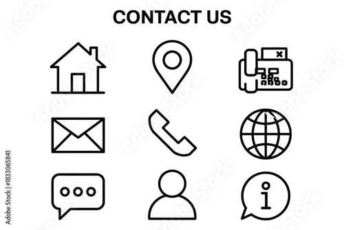 Contact us outline pictogram collection with thin line home address icons, location markers, phone and fax signs, email and web symbols, chat bubbles, user profiles, 