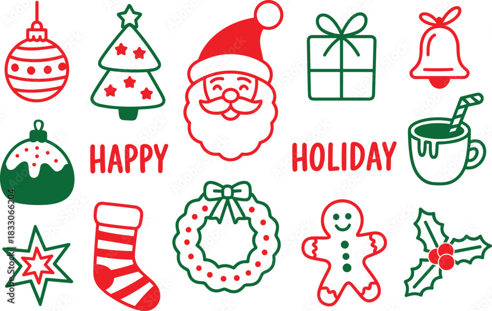 Fototapeta premium Red and green Christmas icons and text on white background