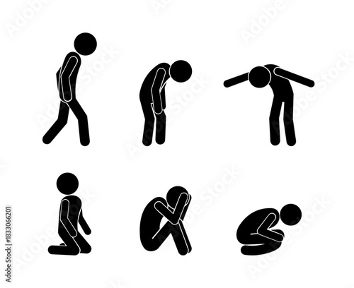 Stickman Sadness and Stress Illustration – Depression, Anxiety, Overwhelmed Emotion Icons Set.