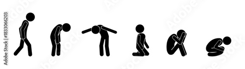 Sad and Depressed Stickman Poses Set – Stress, Anxiety, Exhaustion, Mental Health Icon.