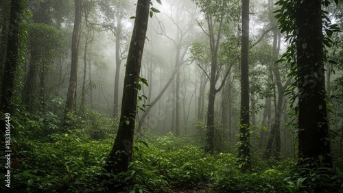 Mystical and tranquil dense forest with lush green trees shrouded in soft mist, creating an enchanting and serene natural landscape.