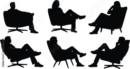 Six black silhouettes of people sitting in chairs on a white background vector