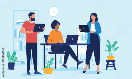  Business people working in office together standing with laptop computers in hand, talking and discussing friendly about business and project. Teamwork concept in flat design vector illustration