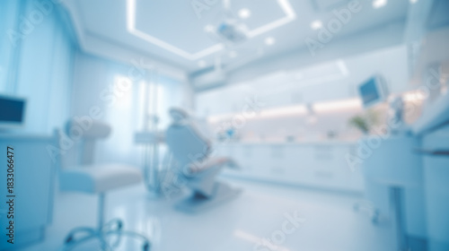 Empty dental office interior, blurred background, showing calm clinical environment.