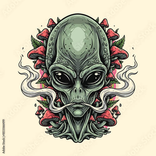 Mysterious alien smoking with a whimsical mustache surrounded by vibrant red mushrooms and swirling smoke