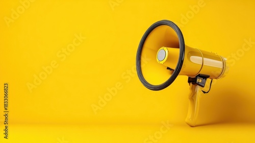 A bright yellow megaphone stands upright on its sturdy black stand, ready for announcements or events.