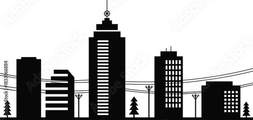 Black silhouette cityscape with buildings, trees, and power lines on white city silhouette skyline