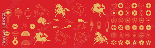 Chinese New Year 2026 vector illustration for Year of the Horse with gold line art horses, lanterns, lotus flowers, cloud symbols, geometric frames, round patterns and festive decorations. Suitable fo