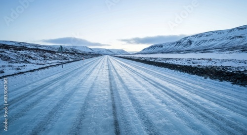 Frozen road winding through a snowy landscape.  Vast, icy highway stretches into the distance, with snow-covered hills and mountains lining the horizon. Pale blue sky