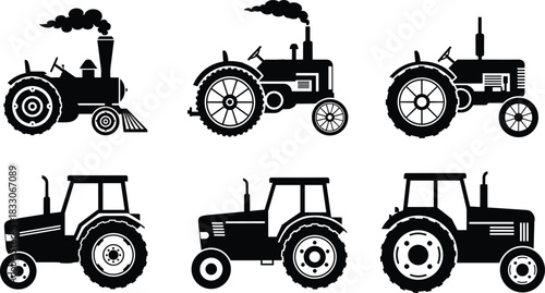 Six black silhouette tractors including steam engine tractor and modern farm vehicles
