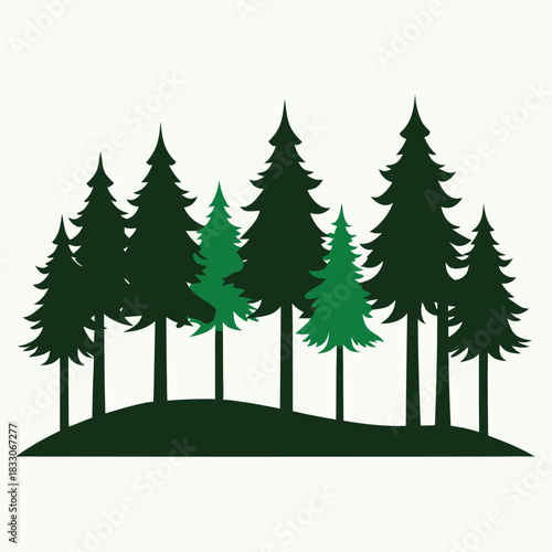 Minimalist forest tree line silhouette in a simple vector style isolated on white background