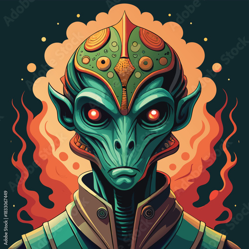 An enigmatic alien being with glowing red eyes and elaborate headwear emerges from a vibrant cosmic mist