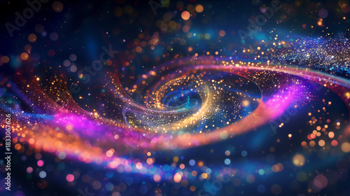 An abstract background with colorful lights in shades of pink, purple, gold, and blue, glowing and refracting light to create a vibrant and mesmerizing effect
