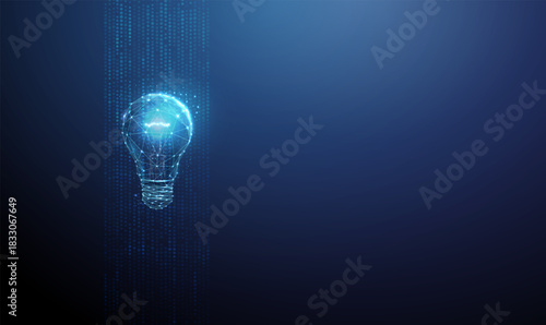 Glowing light with vertical stream of blue data particles. Creative insight, AI-driven ideas, ai, intelligent systems, digital thinking, data flow, future concept.