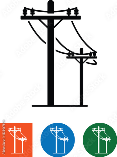 Black silhouette of two utility poles with wires and insulators on white background power line electricity