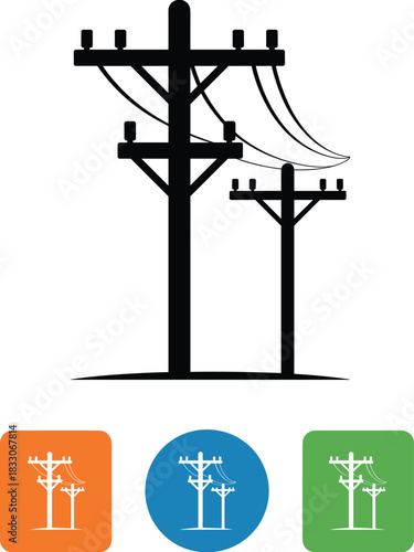 Black silhouette of telephone poles with wires and colored icon variations utility pole power line