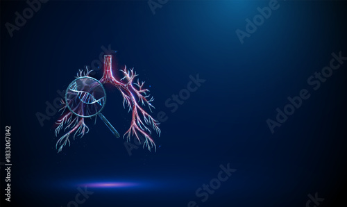 Red 3D human bronchial tree with magnifying glass and DNA inside. Genetic research, molecular diagnostics, respiratory health, biomedical innovation concept.