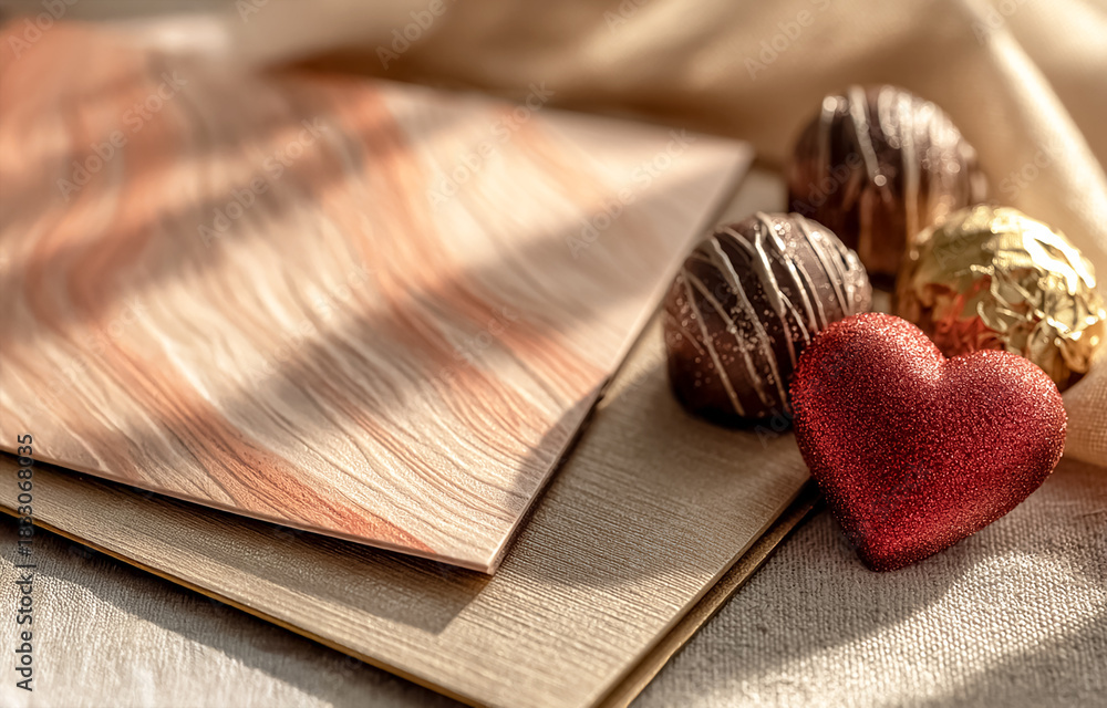 Fototapeta premium Valentine's Day card with chocolates, heart-shaped candies, elegant cards, space for text input
