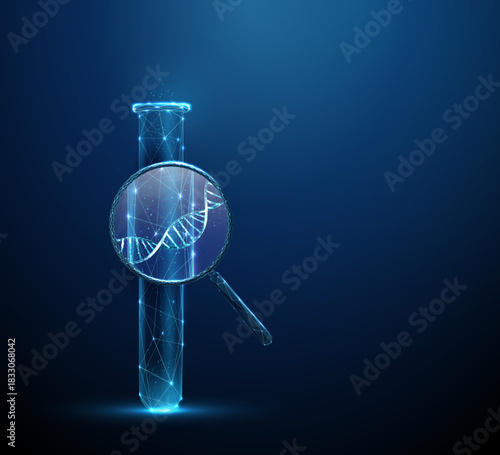 3d test tube under magnifying glass with DNA helix inside. Genetic analysis, DNA sequencing, molecular biology, clinical investigation concept.