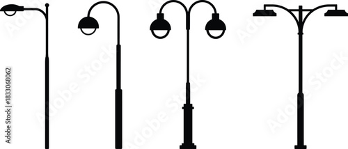 Collection of black silhouette street lamp designs on white background lamppost light pole