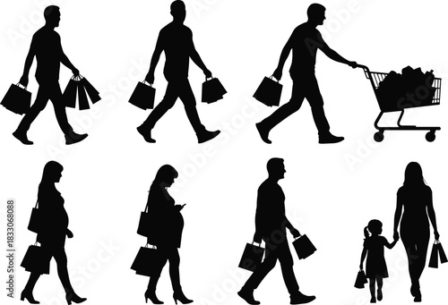 Silhouettes of people carrying shopping bags and a shopping cart vector