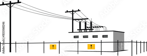 Electrical substation with power lines and warning signs on white background Keywords: electricity, power, substation