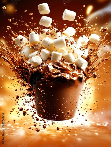 Splashing hot chocolate with marshmallows kitchen food photography dynamic scene close-up comfort beverage