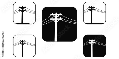 Five black and white icons of electricity poles with wires on white background power pole utility pole