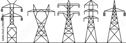 Five Different Styles of Black Outline High Voltage Electricity Towers power transmission
