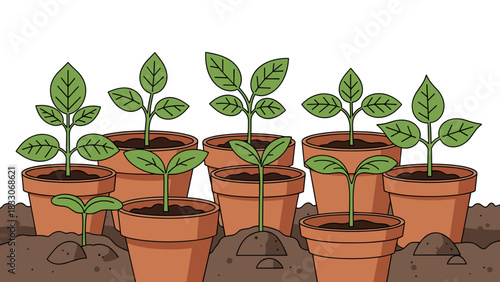 Plant seedlings in pots illustration with vibrant green leaves