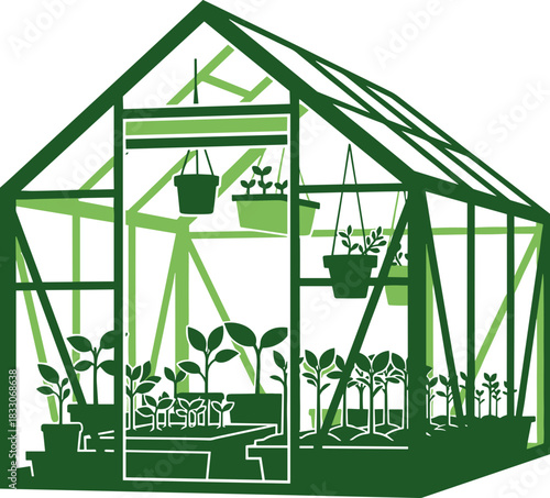 Greenhouse illustration with various plants and pots
