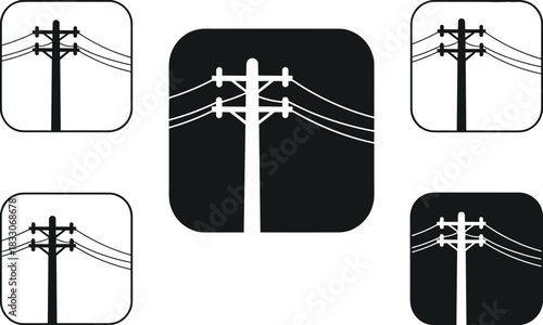 Group of five black and white icons of electricity poles with wires power pole utility pole