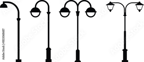 Group of black silhouette street lamps with curved and straight arms lamppost light pole