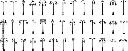 Large Collection of Black Silhouette Street Lamp Icons in Rows lamppost light