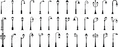 Large collection of diverse street lamp silhouettes in rows on white background Keywords: street lamp, lamp post, lighting